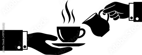 Hand holds steaming coffee cup on saucer while another hand pours milk or creamer from a pitcher. Beverage service concept. Vector icon for menu, app