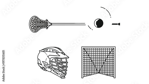 Lacrosse Elements: A graphic illustration showcasing essential lacrosse equipment. Including the lacrosse stick, helmet, ball and net to illustrate the sports.