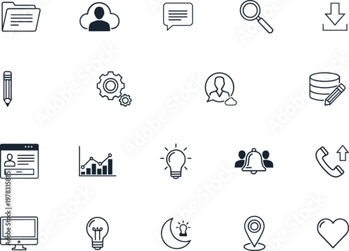Comprehensive web and business icon set featuring technology communication marketing data analytics user interface design management digital solutions innovative elements.