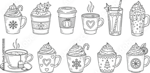 Hand drawn coffee and hot drinks vector set featuring mugs, cups, takeaway coffee and festive beverages in detailed sketch style isolated background