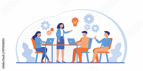 Team brainstorming session with a leader presenting innovative ideas and solutions