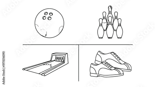 Bowling Essentials: An illustration of the core elements of the sport of bowling, a ball, pins, alley, and shoes