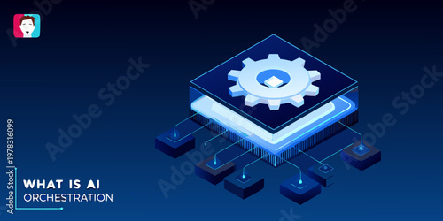 Isometric illustration depicting ai orchestration with layered geometric shapes