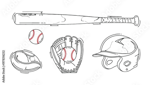 Baseball Essentials: An illustration showcasing the core components of baseball: bat, ball, glove, and helmet. Perfectly capturing the spirit of America's favorite pastime.