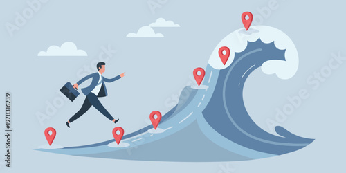 Businessman running from a large wave marked with location pins