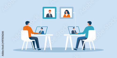 People connecting remotely via video conference on laptops and smartphones