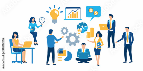 Team collaboration and innovative business solutions are visually represented here