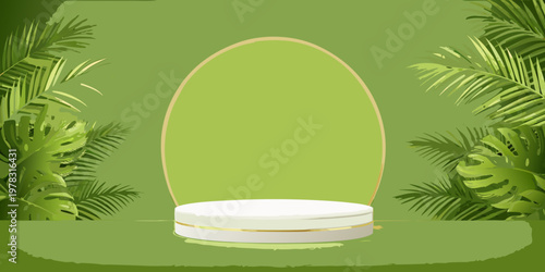 Minimalist green stage setup with a pedestal and tropical foliage