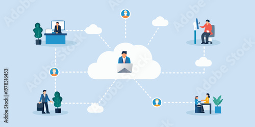 Connected professionals collaborating remotely through a central cloud network