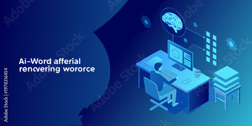 Isometric illustration depicting ai technology and a person at a desk