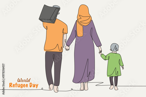 Colored World refugee day concept one-line drawing