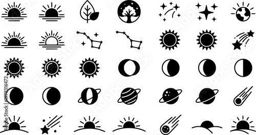 Seasonal and Observable Sky Events. Minimalistic set one-line drawing spring equinox sun, summer solstice sun, autumn equinox leaf and sun, winter solstice
