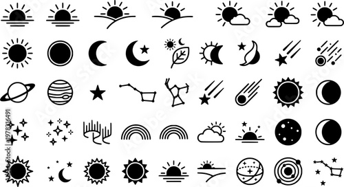 Seasonal and Observable Sky Events. Minimalistic set one-line drawing spring equinox sun, summer solstice sun, autumn equinox leaf and sun, winter solstice