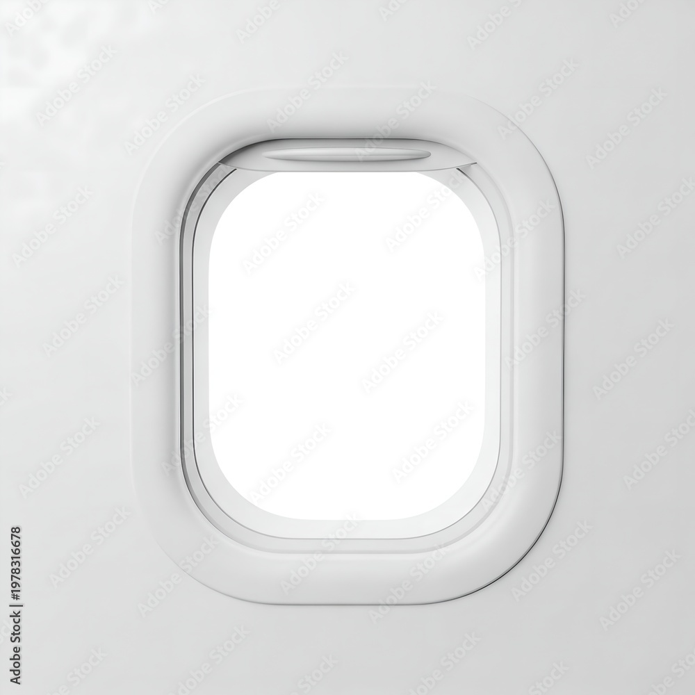 Obraz premium Airplane Window Blank White Mockup Frame Isolated on Clean Background for Travel Branding