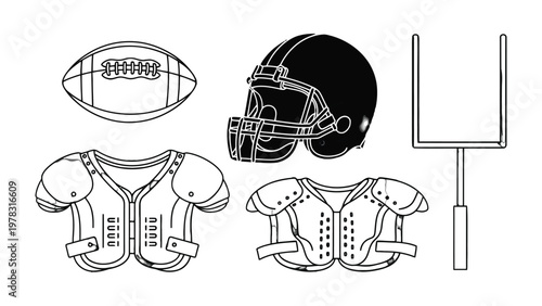 Football Equipment Illustrated: A detailed illustration showcasing the key components of American football gear, including a helmet, shoulder pads, ball, and goalpost.