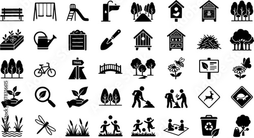 Community Green Spaces. Line icon set of Community Green Spaces: neighborhood park, community garden, green corridor path, shared habitat zone, urban tree