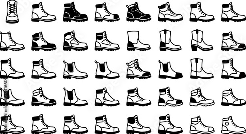Work Combat Boots. Line icon set of Work Combat Boots: work boots, protective boots, heavy-duty boots, safety toe boots, industrial boots, reinforced sole,