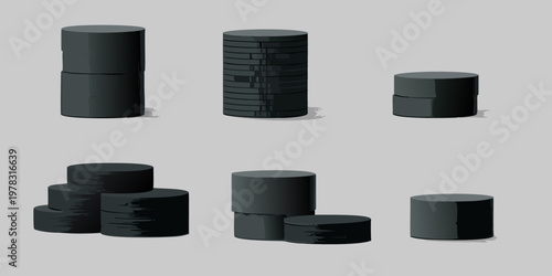 Stacked black cylinders with varying textures and heights on gray background