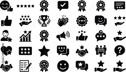 Quality Customer Feedback Icons, Business Rating Stars, Achievement Awards, Satisfaction Reviews, Testimonials, Service Excellence Graphics, Success Medals, Professional Reputation Management Symbols.