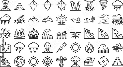 Massive Nature. Line icon set of Massive Nature: volcano, glacier, canyon, waterfall, iceberg, giant wave, desert dune, massive tree, mountain range,
