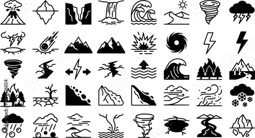 Massive Nature. Line icon set of Massive Nature: volcano, glacier, canyon, waterfall, iceberg, giant wave, desert dune, massive tree, mountain range,
