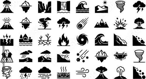 Massive Nature. Line icon set of Massive Nature: volcano, glacier, canyon, waterfall, iceberg, giant wave, desert dune, massive tree, mountain range,
