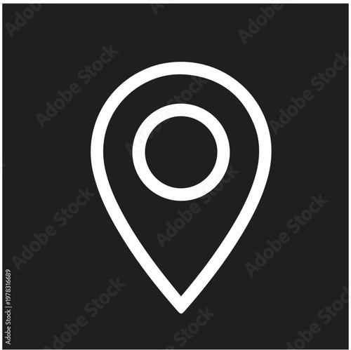 Minimalist black and white location pin icon, flat design, clean lines