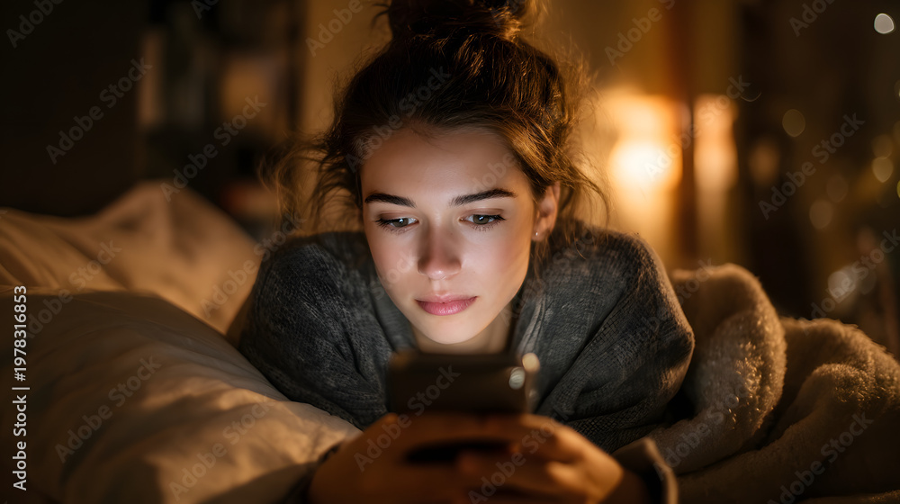 Fototapeta premium Teen overwhelmed by social media feeds late at night