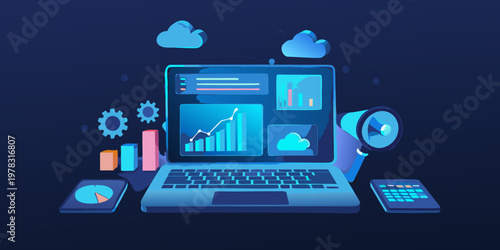 Digital marketing analytics displayed on a laptop and mobile devices