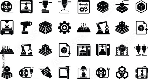Set of 3D Printing and Additive Manufacturing Vector Icons Featuring Printers, Filament Spools, G-code, Robotic Arms, and Industrial Prototyping Symbols