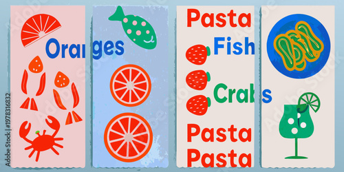 Colorful illustrated food labels featuring oranges fish pasta and crabs