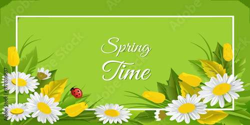 A vibrant spring scene with flowers a ladybug and decorative text
