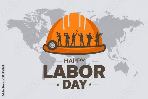Bright orange construction helmet featuring silhouette workers celebrating the annual happy labor day event