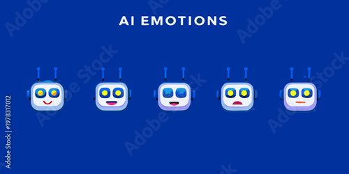 A row of robotic faces displaying a spectrum of ai driven emotions