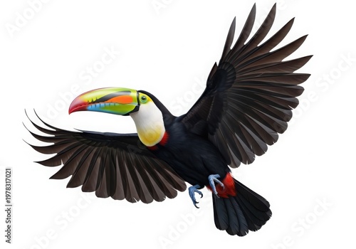 A tufted puffin bird in flight with colorful beak and outspread wings