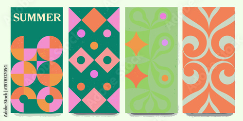 Four colorful vertically oriented abstract patterned panels with geometric shapes