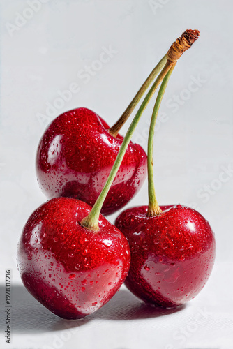 Three fresh red cherries with green stems and water drops on white background, macro view. AI generated