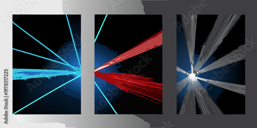 Abstract triptych featuring vibrant fractured light beams in dark space