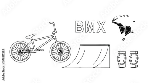 BMX elements graphic: An artistic graphic composition featuring essential BMX elements: a bike, helmet, knee pad, a launch ramp, embodying the spirit of this high-energy sport. 