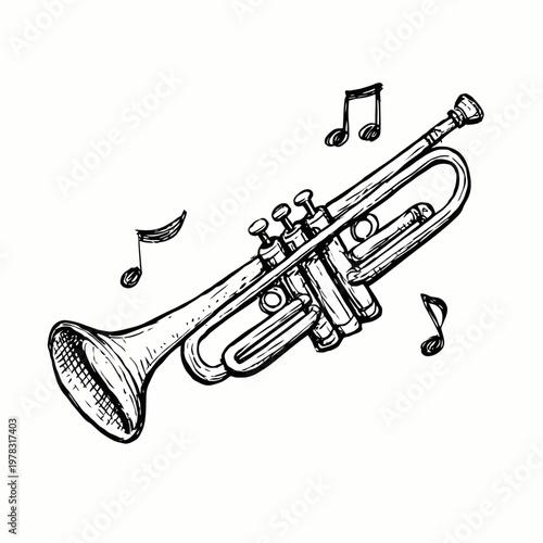 Trumpet instrument creates a melodic atmosphere with floating musical notes in this elegant hand-drawn illustration.