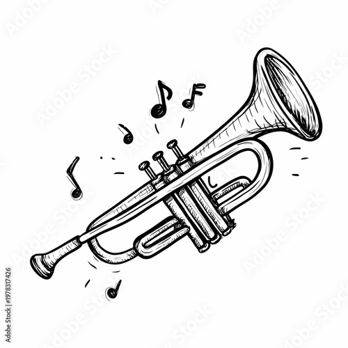 Trumpet depicted in a musical sketch floats with rhythmic notes to celebrate the joy of jazz and brass instrument performances.