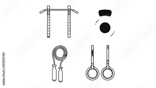 Essential Fitness Gear: A minimalist illustration showcases a comprehensive set of fitness equipment, emphasizing a range of workout possibilities.