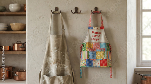 A colorful child's apron hangs next to a beige adult apron on hooks in a kitchen with a shelf of cookware and dishes.