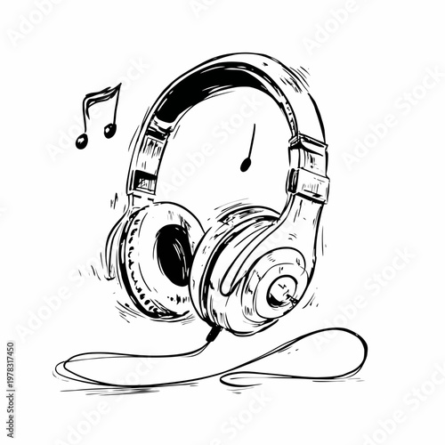 Headphones depicted in a hand-drawn sketch style represent the joy of listening to high-quality music and audio experiences for modern lifestyle enthusiasts.