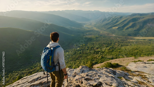 girl in the mountains, Hiker standing on mountain cliff overlooking valley adventure concept