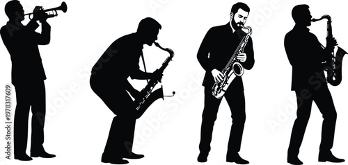 Silhouette of four jazz musicians playing trumpet and saxophone instruments in a band performance isolated on a white background vector.