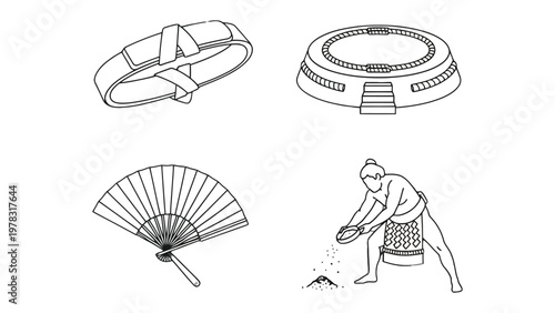 Sumo Arena and Accessories: Artistic monochrome illustration featuring sumo wrestling arena and accessories, conveying a sense of tradition and discipline in martial arts.