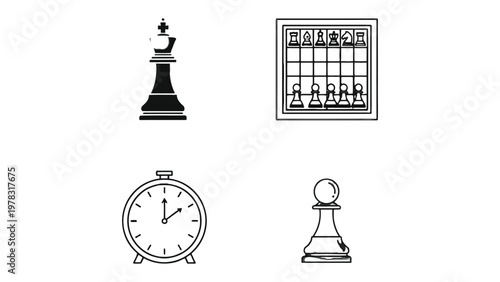 Strategic Decisions: A visual compilation of chess pieces alongside a clock symbolizes the mental acuity and tactical thinking required, a game that blends strategy and time.