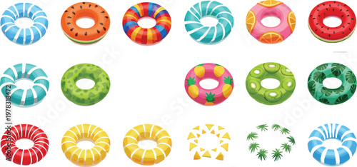 Set of Vibrant Pool Floats in Various Fruit and Tropical Designs for Summer Fun, Beach Parties, and Water Activities