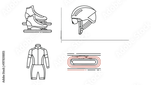 Ice Skating Gear Collection: An array of ice skating gear, featuring a speed skate, helmet, and protective suit, presented in a clean, isolated composition.